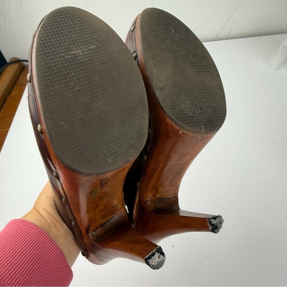 Vintage Womens 7 Heeled Clogs Brown Leather And Wood NO SIZE TAG SEE ALL. - Picture 5 of 7